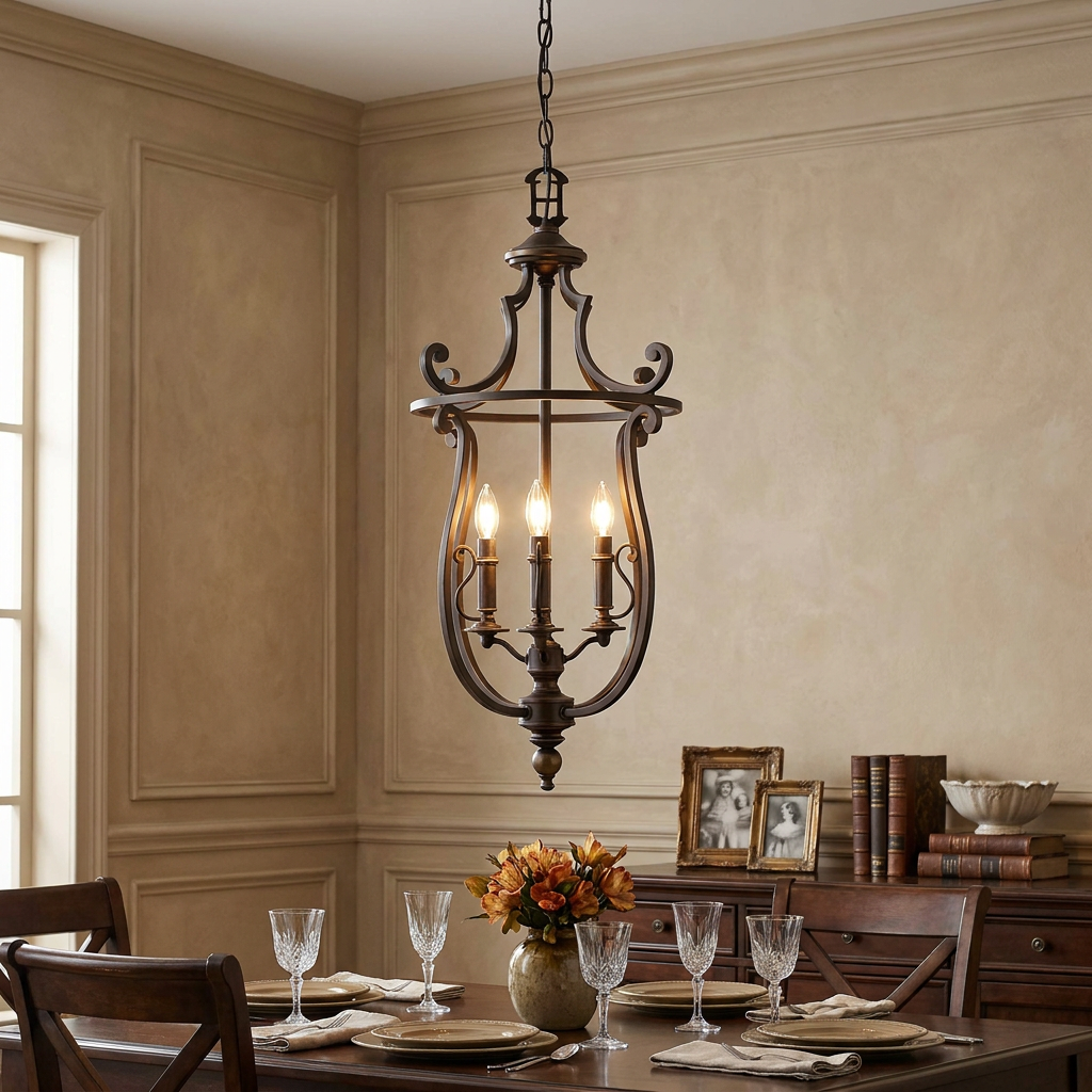 Traditional bronze four-light lantern pendant hanging above a set dining table in a warm, paneled room.