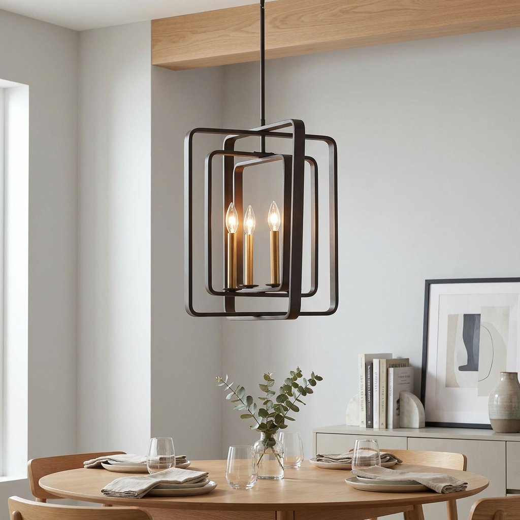 Hinkley Quentin 4 Light Bronze Pendant with nested rectangular frames hanging over a wooden dining table.