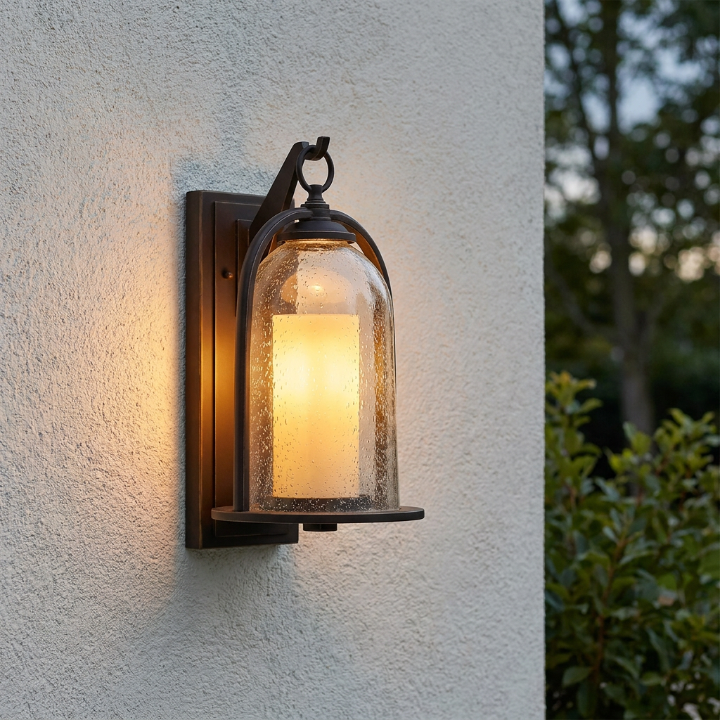Oil rubbed bronze wall lantern with seeded glass and a warm glowing candle-like interior on a white stucco wall.