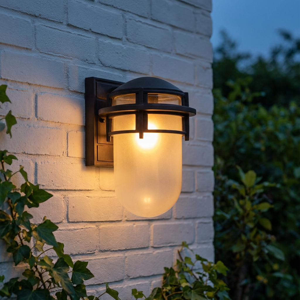A glowing Hinkley Reef outdoor wall light with frosted glass and a bronze cage mounted on a white brick wall.