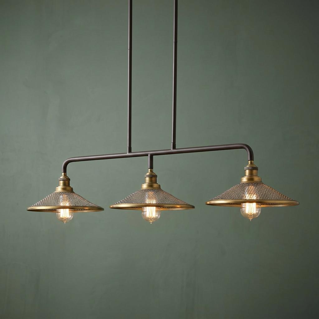 Three-light industrial island pendant with bronze mesh shades and glowing Edison bulbs against a green wall.