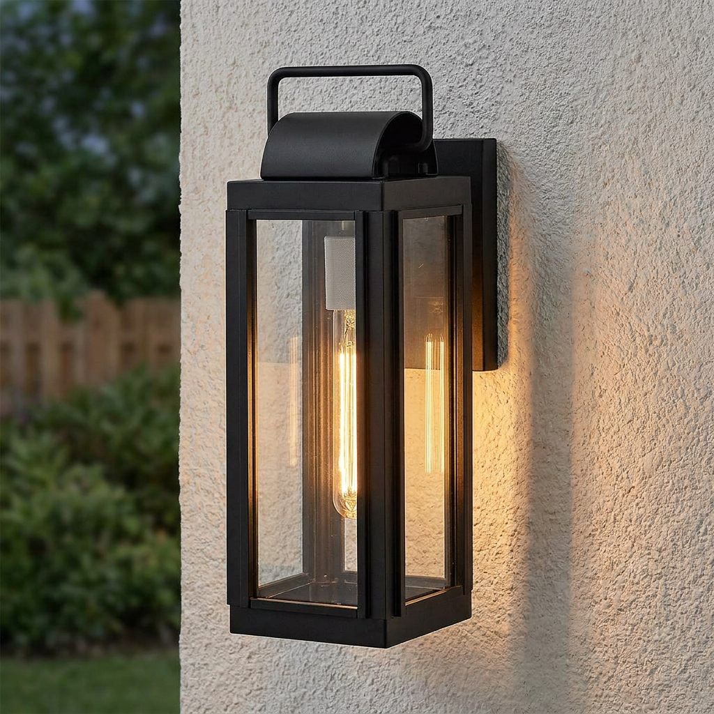 Black rectangular outdoor wall lantern with clear glass panels and a glowing filament bulb on a textured wall.