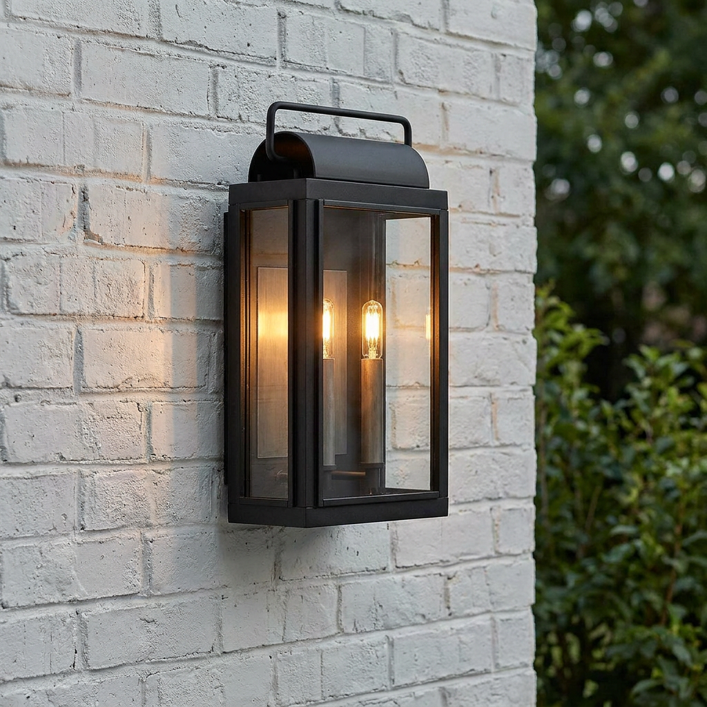 Black rectangular outdoor wall lantern with two glowing bulbs mounted on a white brick wall.