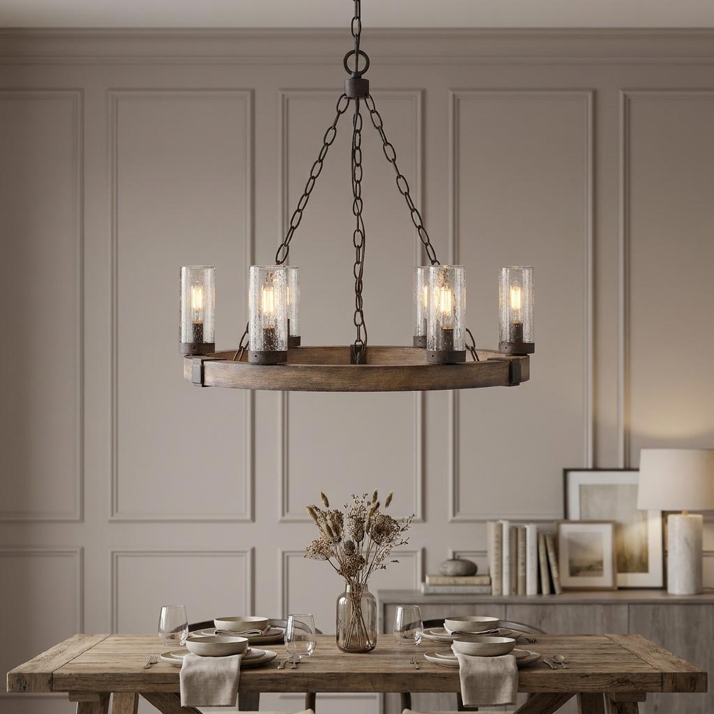 Hinkley Sawyer 6-light chandelier with a wood ring and seeded glass shades over a rustic wooden dining table.