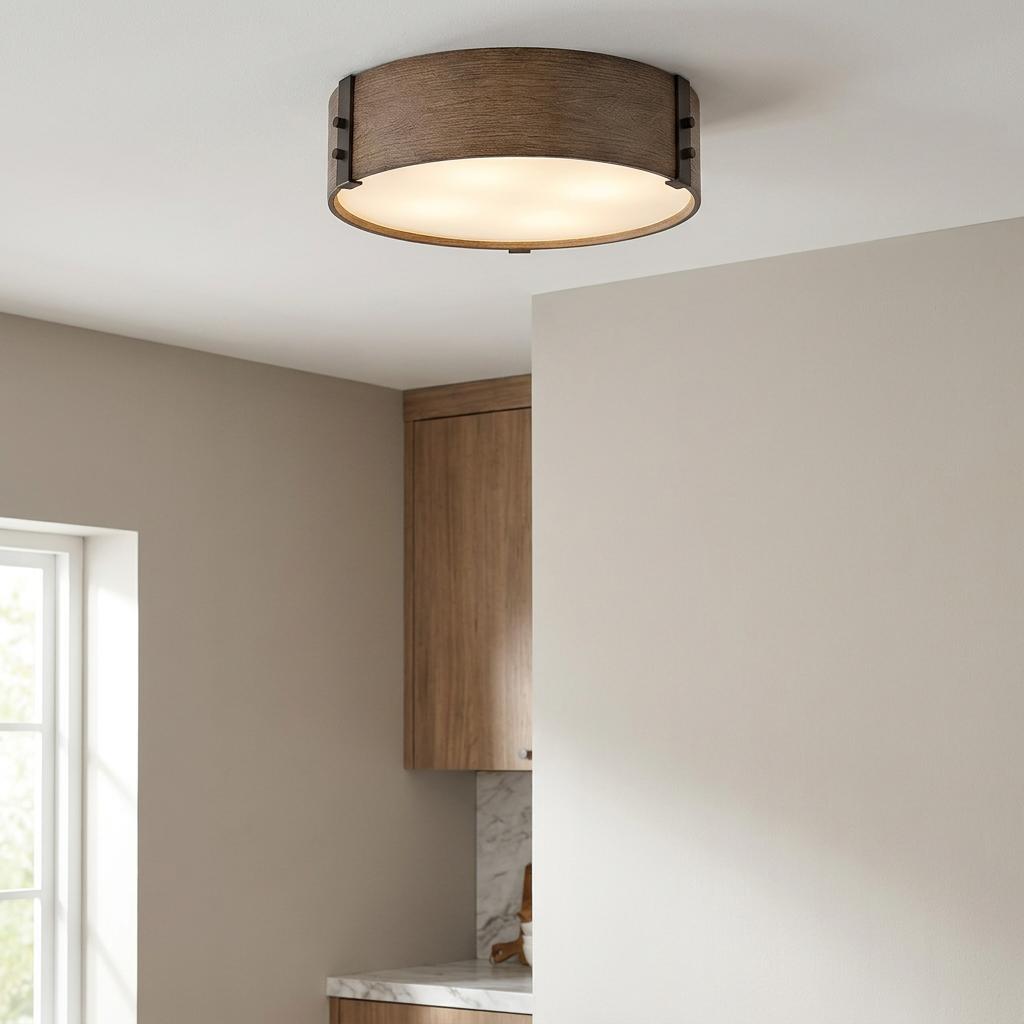 Rustic wood-finish flush mount ceiling light with a frosted glass diffuser in a modern interior.