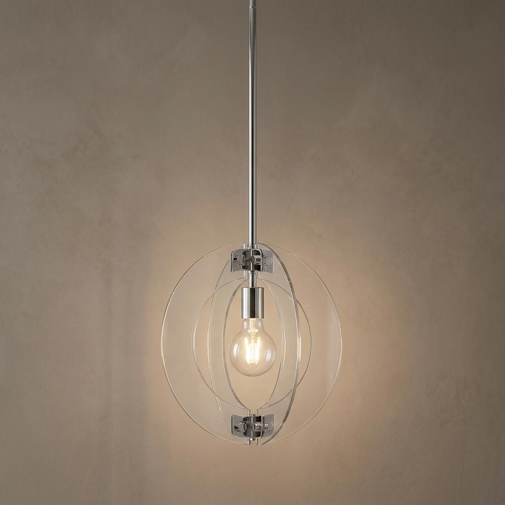 Solstice chrome mini pendant light with clear acrylic rings forming a spherical frame around a glowing bulb.