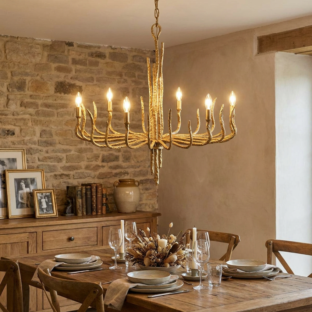 Champagne gold branch-style chandelier illuminates a rustic dining room with a wooden table and brick wall.