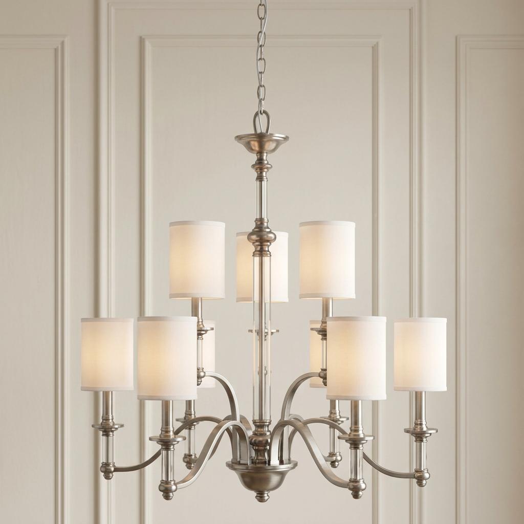 A nine-light brushed nickel chandelier with white cylinder shades hanging against a cream paneled wall.