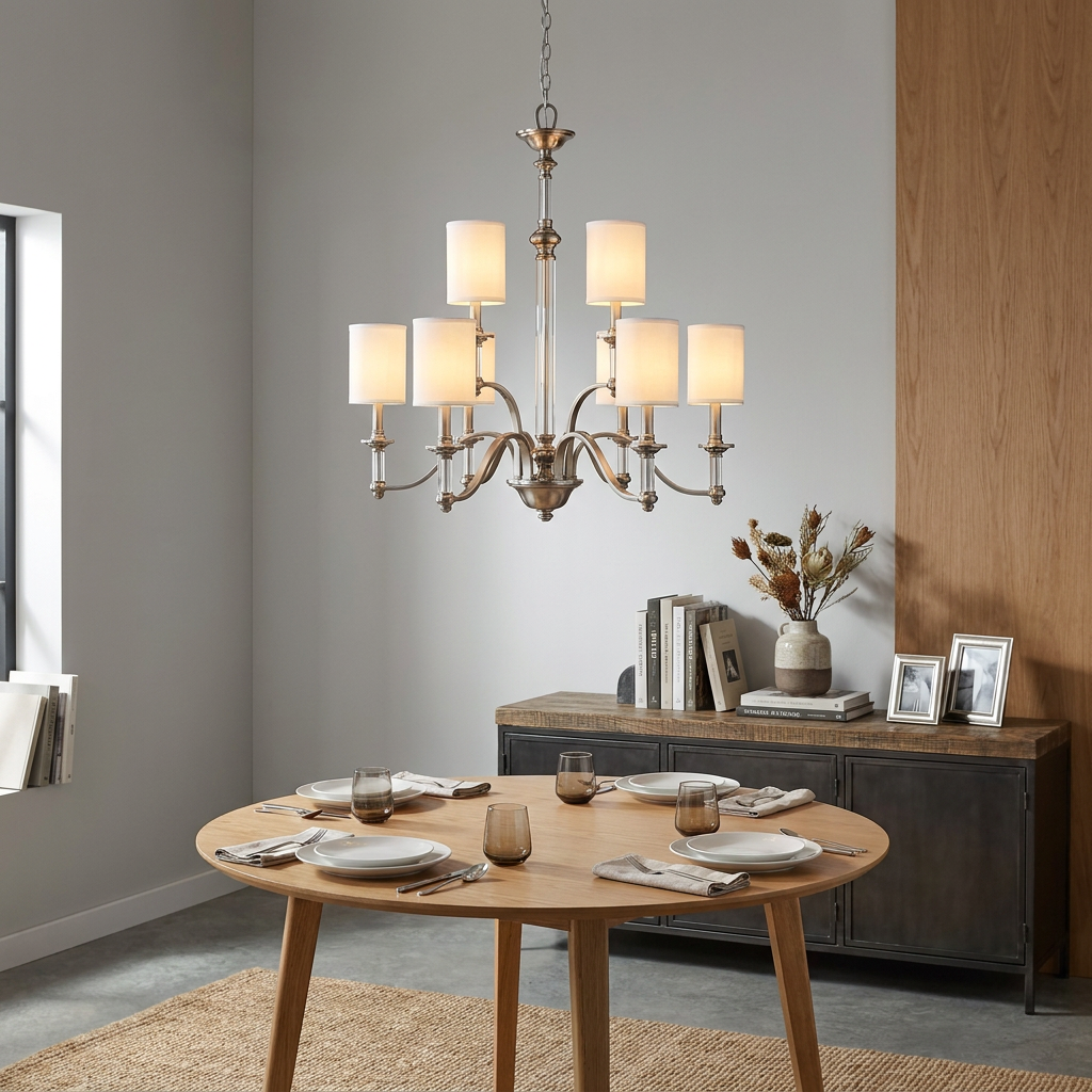 Hinkley Sussex 9-light brushed nickel chandelier with white shades over a wooden dining table in a modern room.