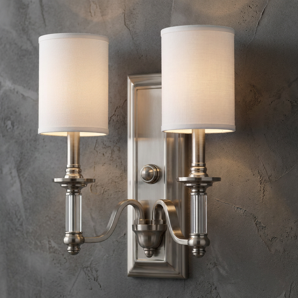 Nickel twin arm wall light with white fabric drum shades on a textured grey wall.