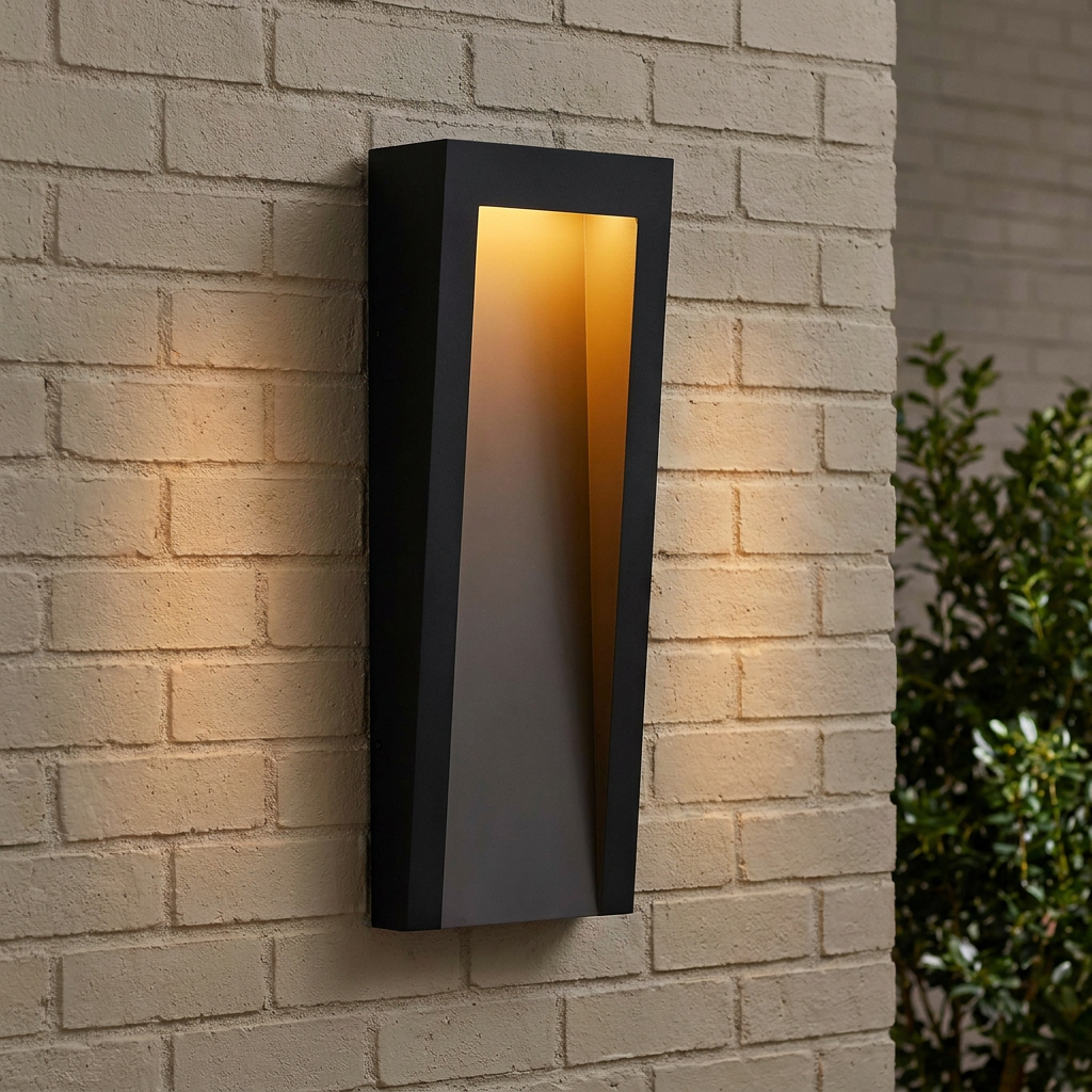 Black tapered LED outdoor wall light with a warm interior glow mounted on a light brick exterior wall.