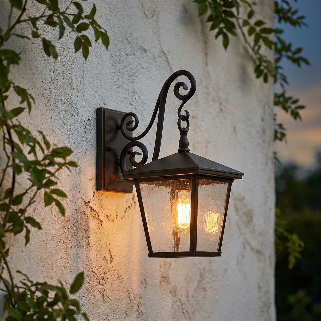 Regency Bronze outdoor wall light with a lit Edison bulb mounted on a textured white wall with green foliage.