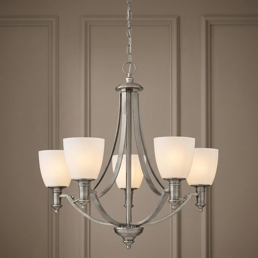 Five-light antique nickel chandelier with frosted glass shades against a neutral paneled wall.
