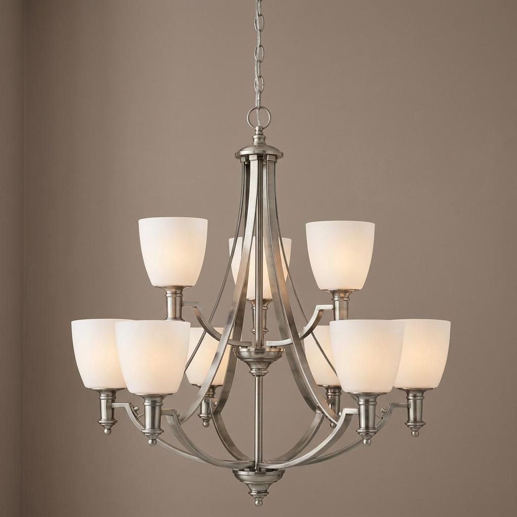 Hinkley Truman nine-light chandelier with an antique nickel finish and frosted white glass shades.