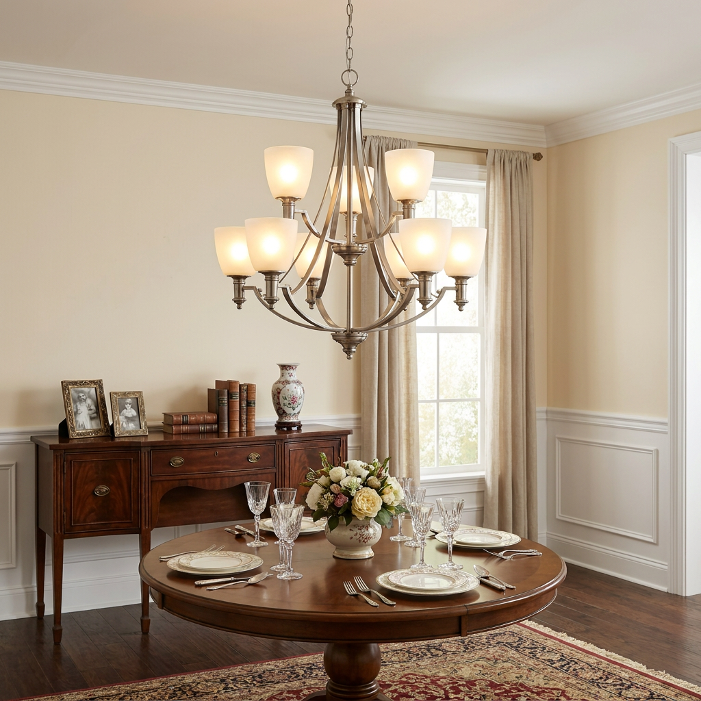 A nine-light Hinkley Truman chandelier in antique nickel finish hanging above a set dining room table.