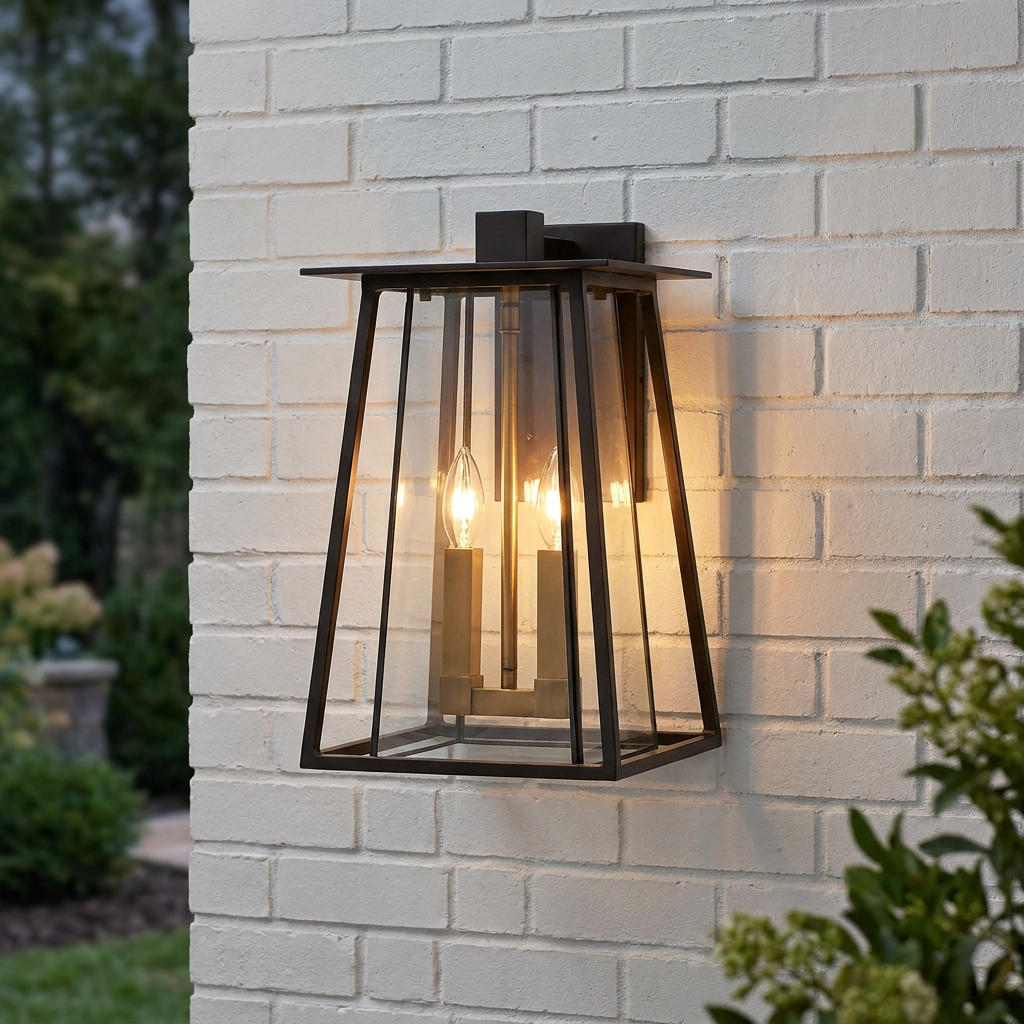 A bronze tapered lantern outdoor wall light with two glowing bulbs mounted on a white brick wall.