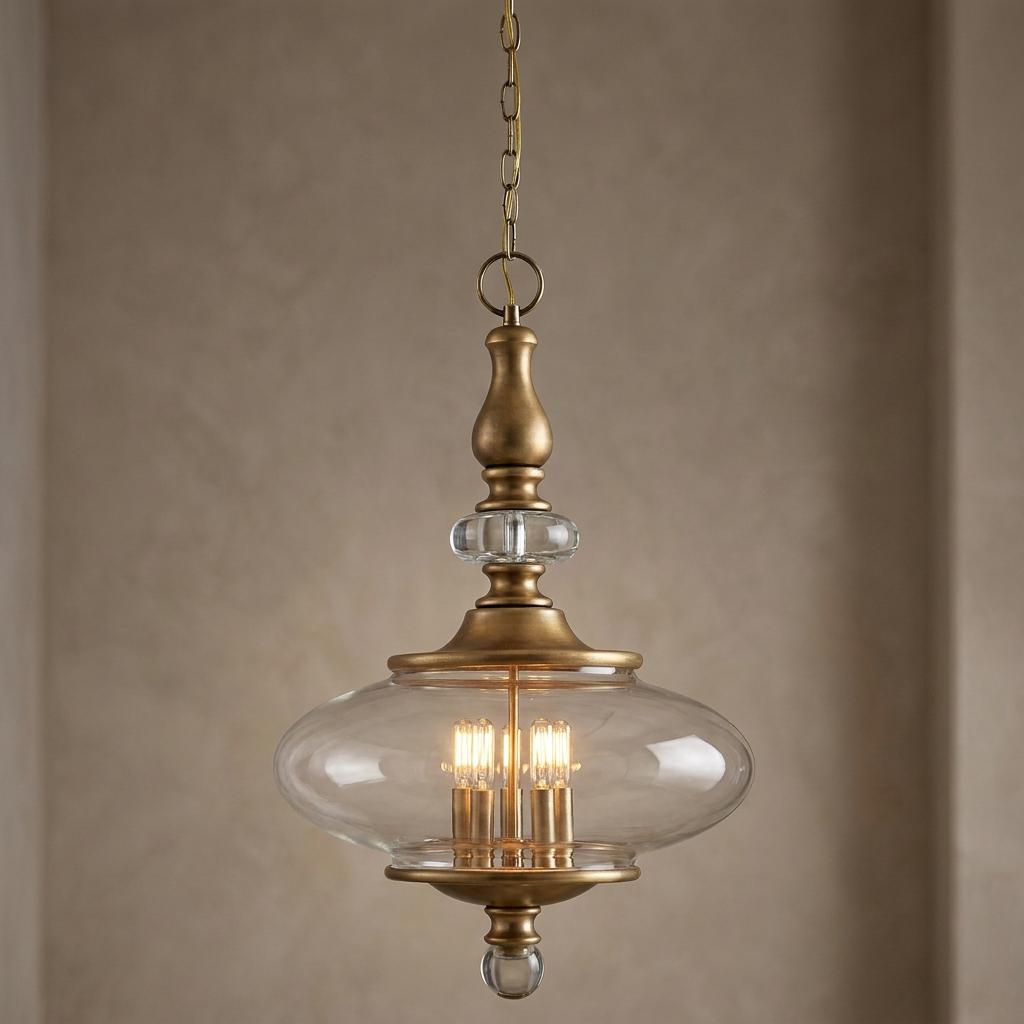 Hinkley Wexley 5-light heritage brass pendant ceiling light with a clear glass orb shade and elegant brass hardware.