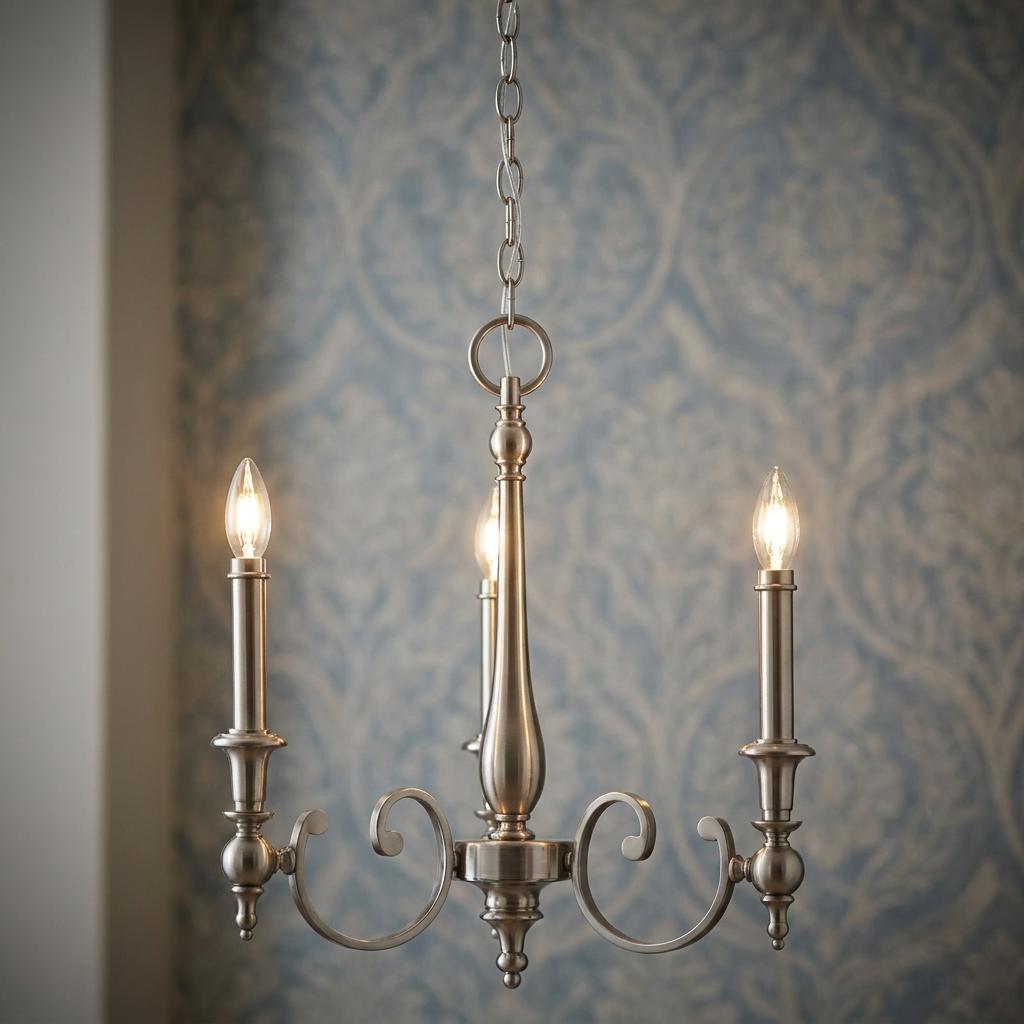 Hinkley Yorktown antique nickel 3-light chandelier with candle bulbs against a blue patterned wallpaper.