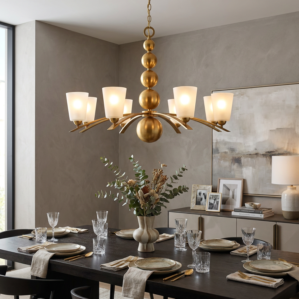 Zelda 8-light vintage brass chandelier with white glass shades hanging over an elegantly set dining table.