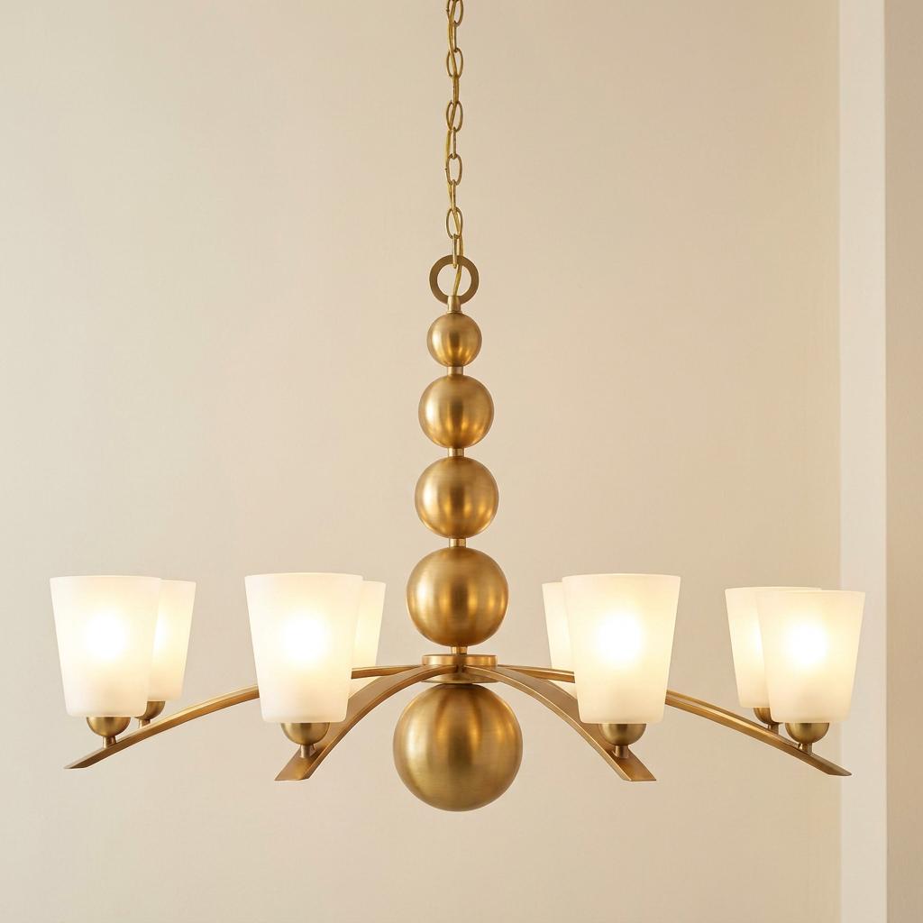 Hinkley Zelda 8-light vintage brass chandelier with stacked sphere column and frosted glass shades.
