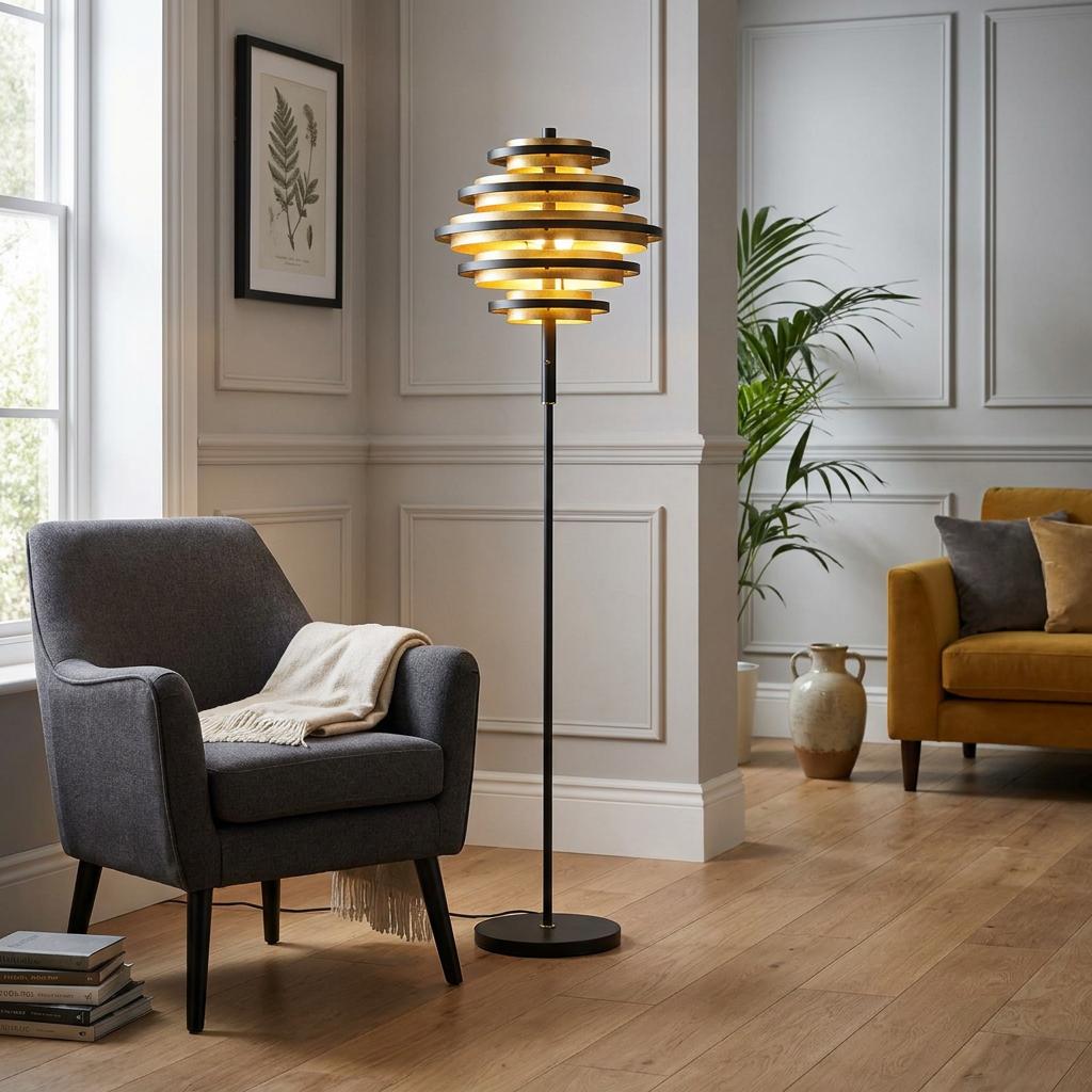 Modern Hive floor lamp with a black and gold tiered leaf shade standing in a contemporary living room.