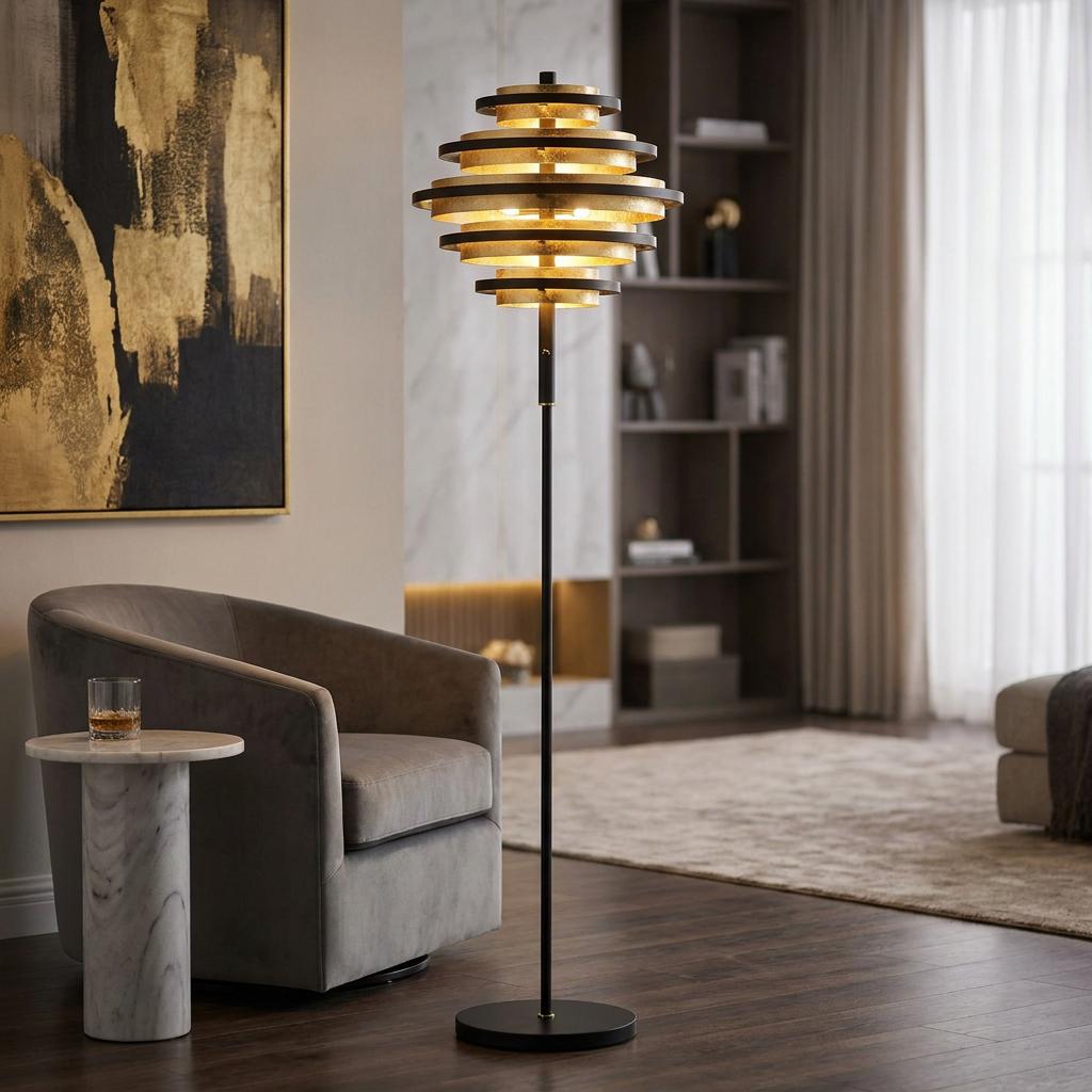 Hive black and gold leaf modern LED floor lamp with a tiered shade in a contemporary living room.