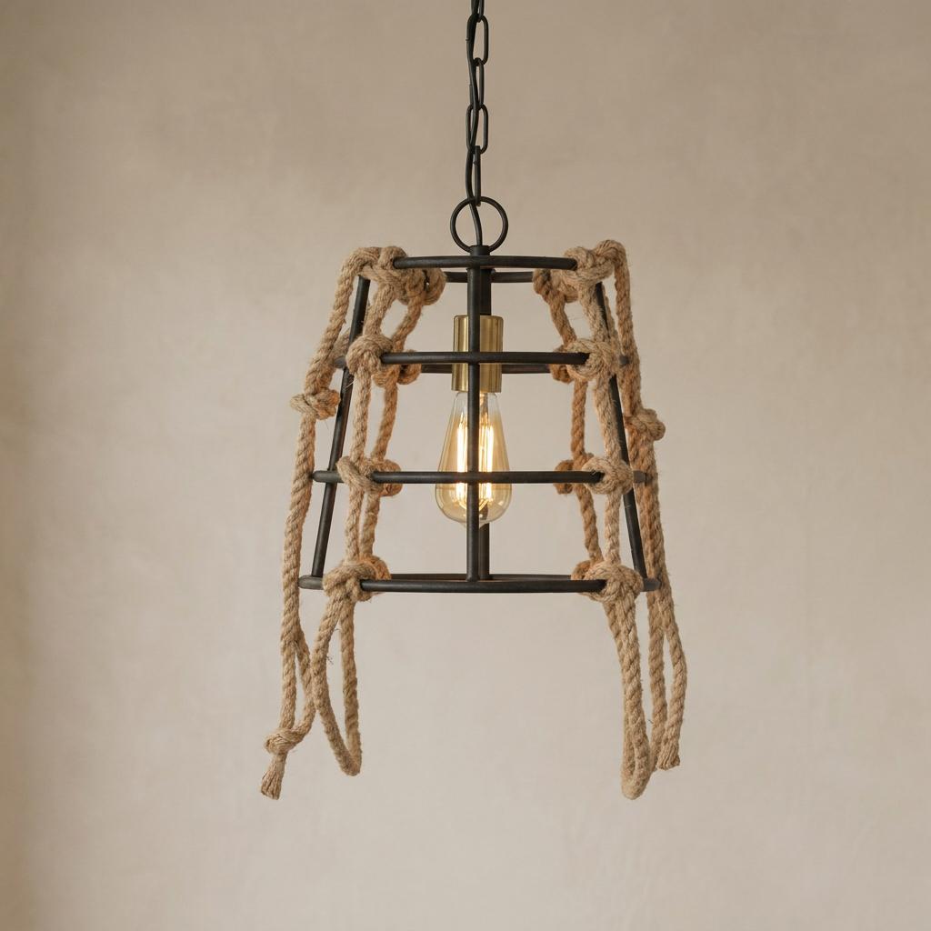 Holen 1 Light Black With Rope Pendant Ceiling Light featuring a black metal cage and knotted natural rope accents.