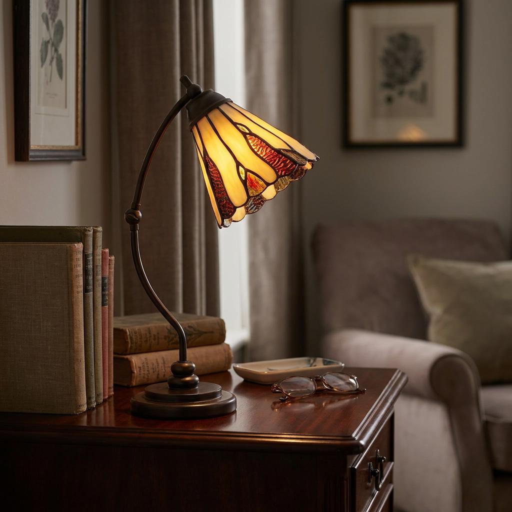 Holmfirth Tiffany swan neck lamp with a stained glass shade glowing on a wooden bedside table beside books.