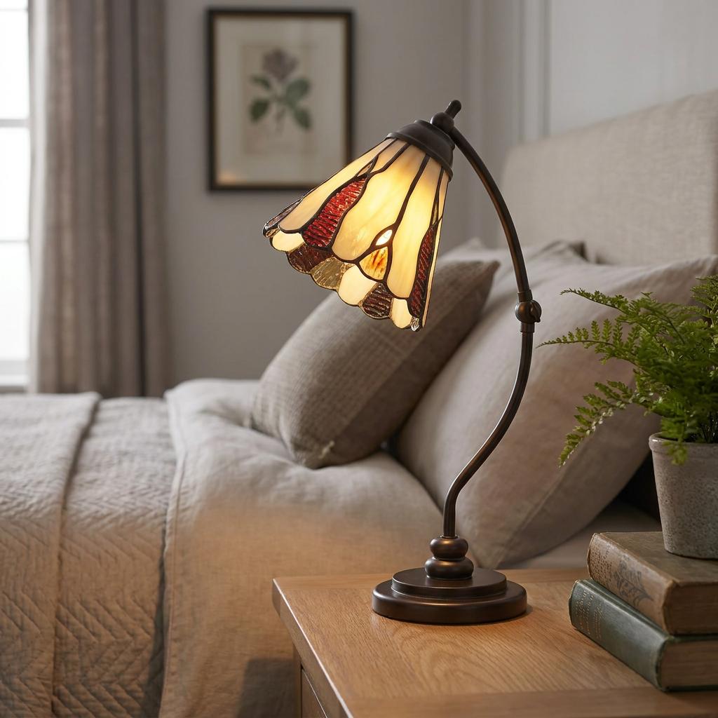 Holmfirth Tiffany Swan Neck Bedside Lamp with a cream and red stained glass shade on a wooden nightstand.
