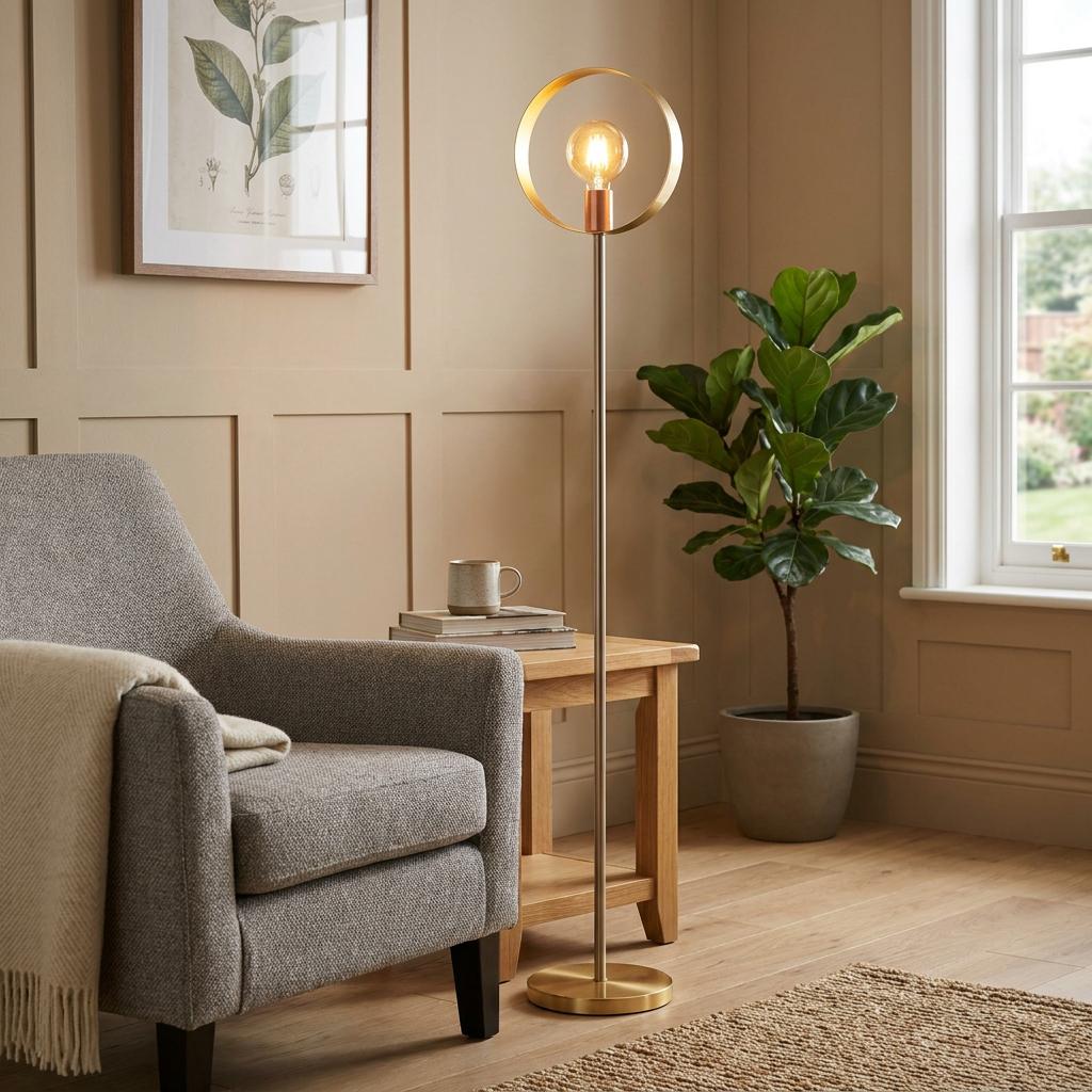Brass hoop floor lamp with a glowing bulb in a contemporary living room beside a grey armchair.