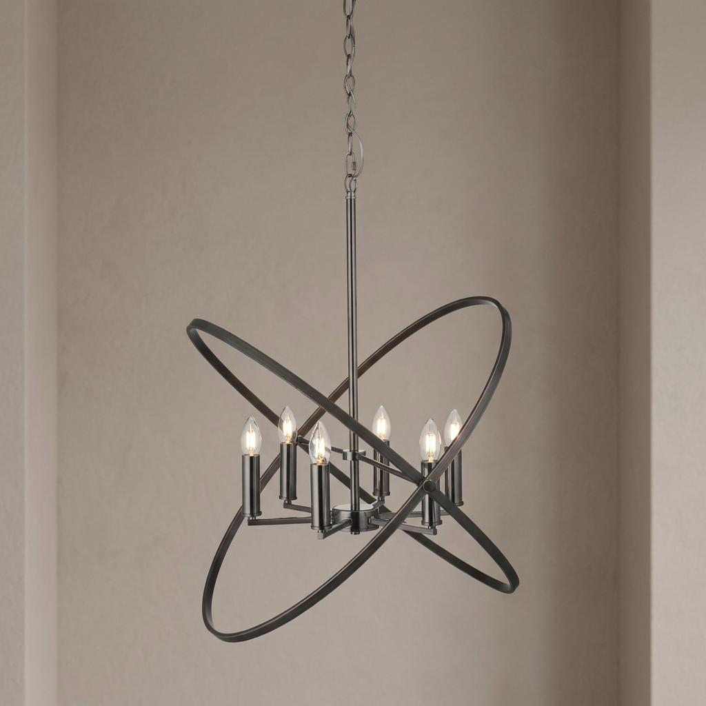 Pewter pendant ceiling light with six candle bulbs inside two intersecting metal hoops.