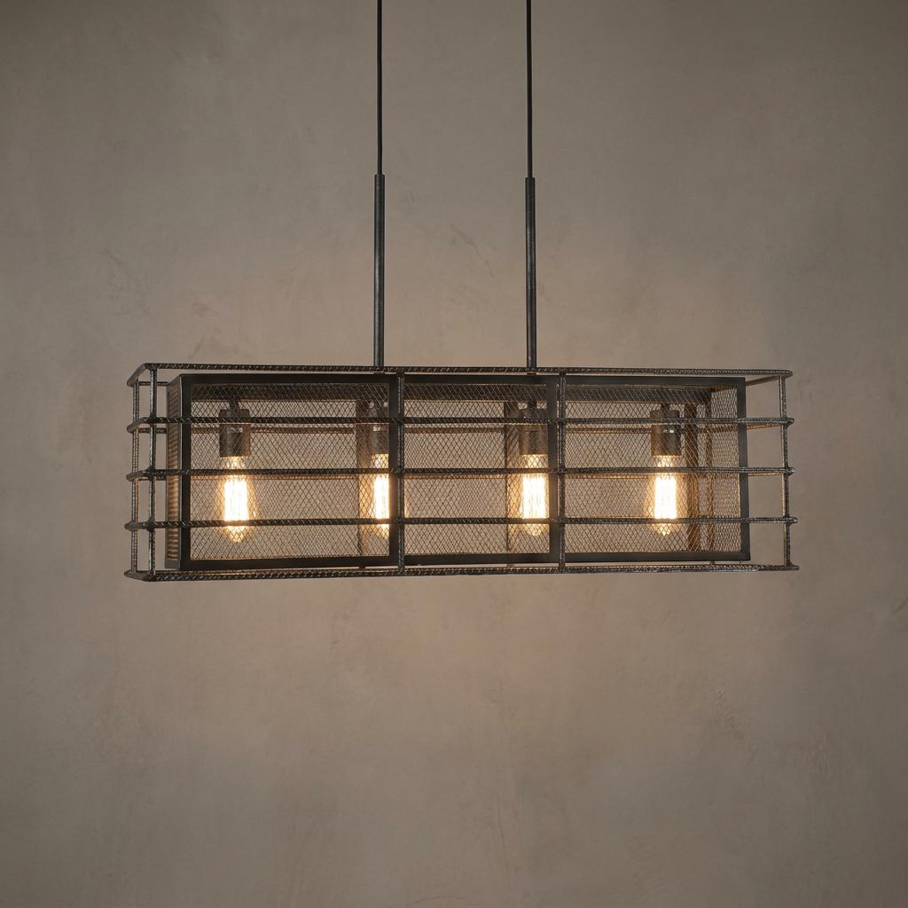 Industrial 4-light rectangular cage pendant in silver brushed black with mesh details and glowing Edison bulbs.