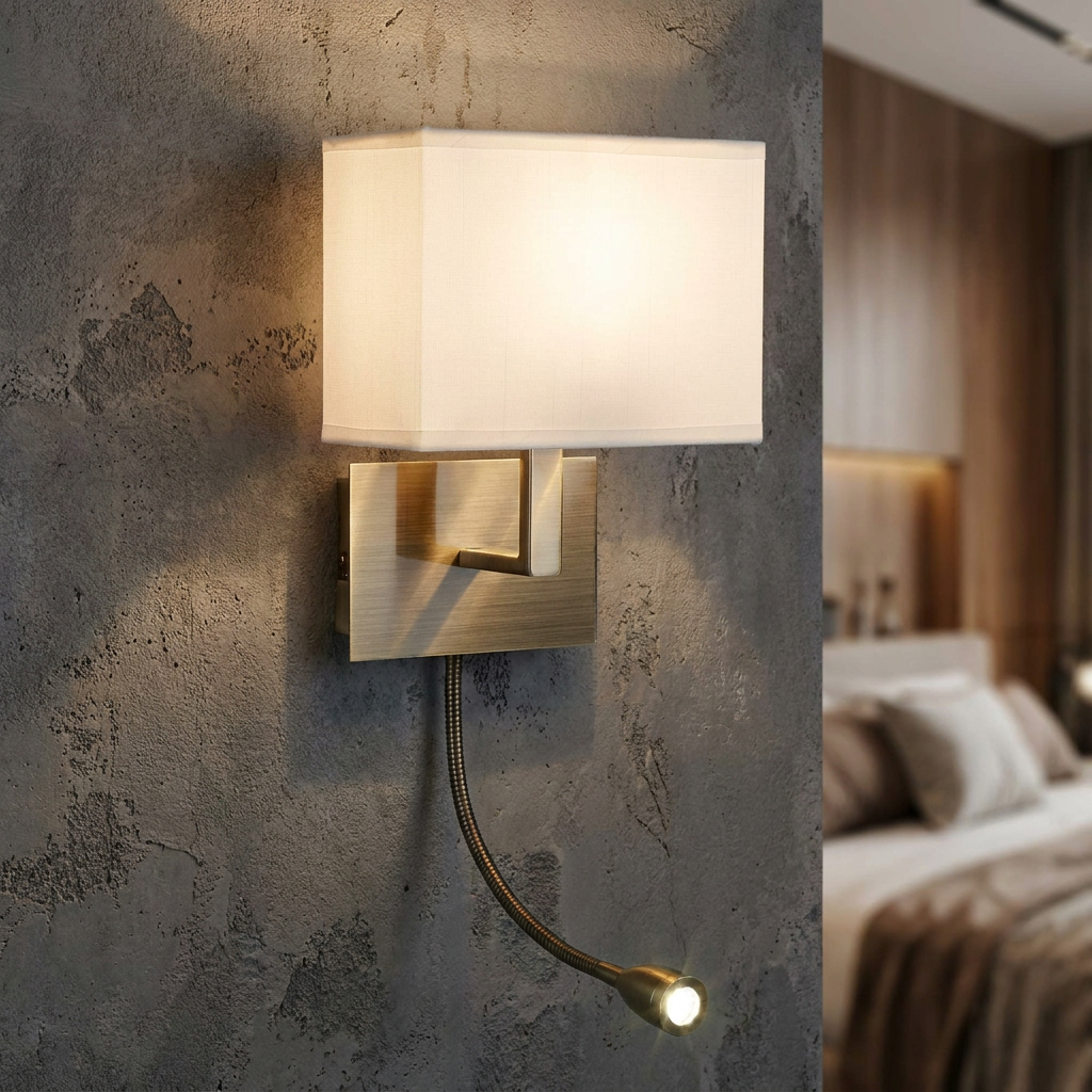 Hotel 2 Light Brass Wall Light - LED Flexi Arm - White Shade-OB-180926