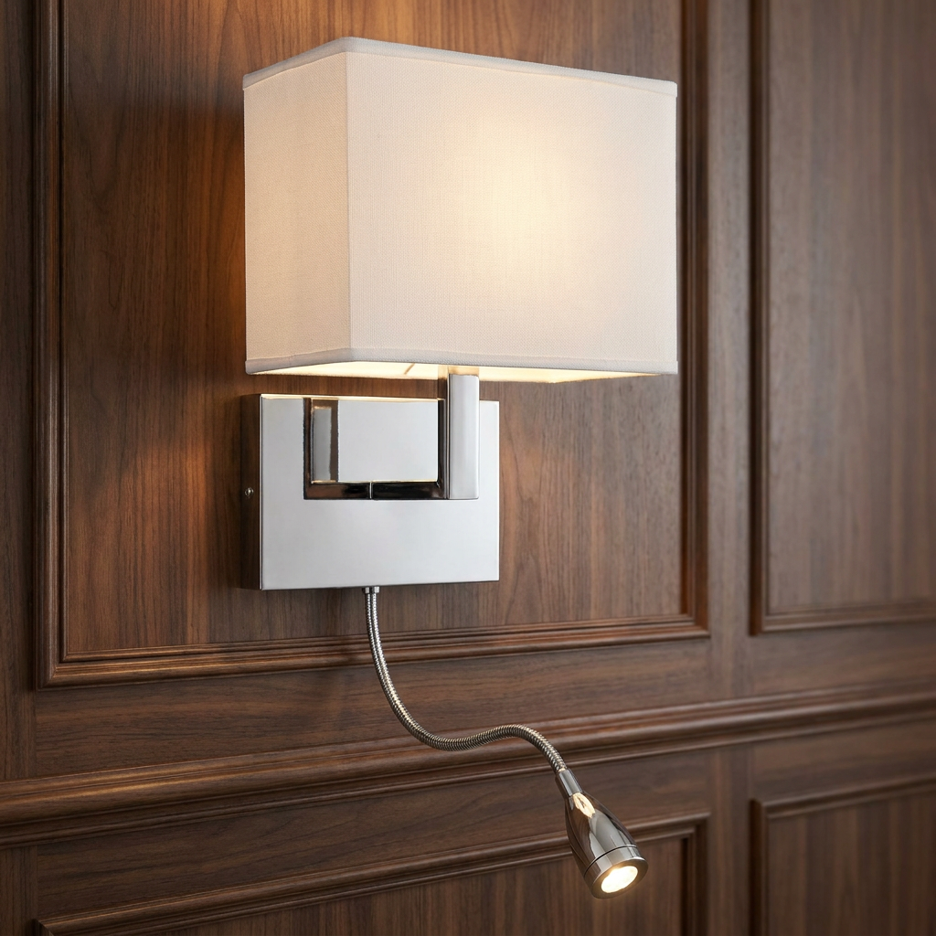 Chrome wall lamp with a rectangular white shade and flexible LED arm, mounted on dark wood paneling.
