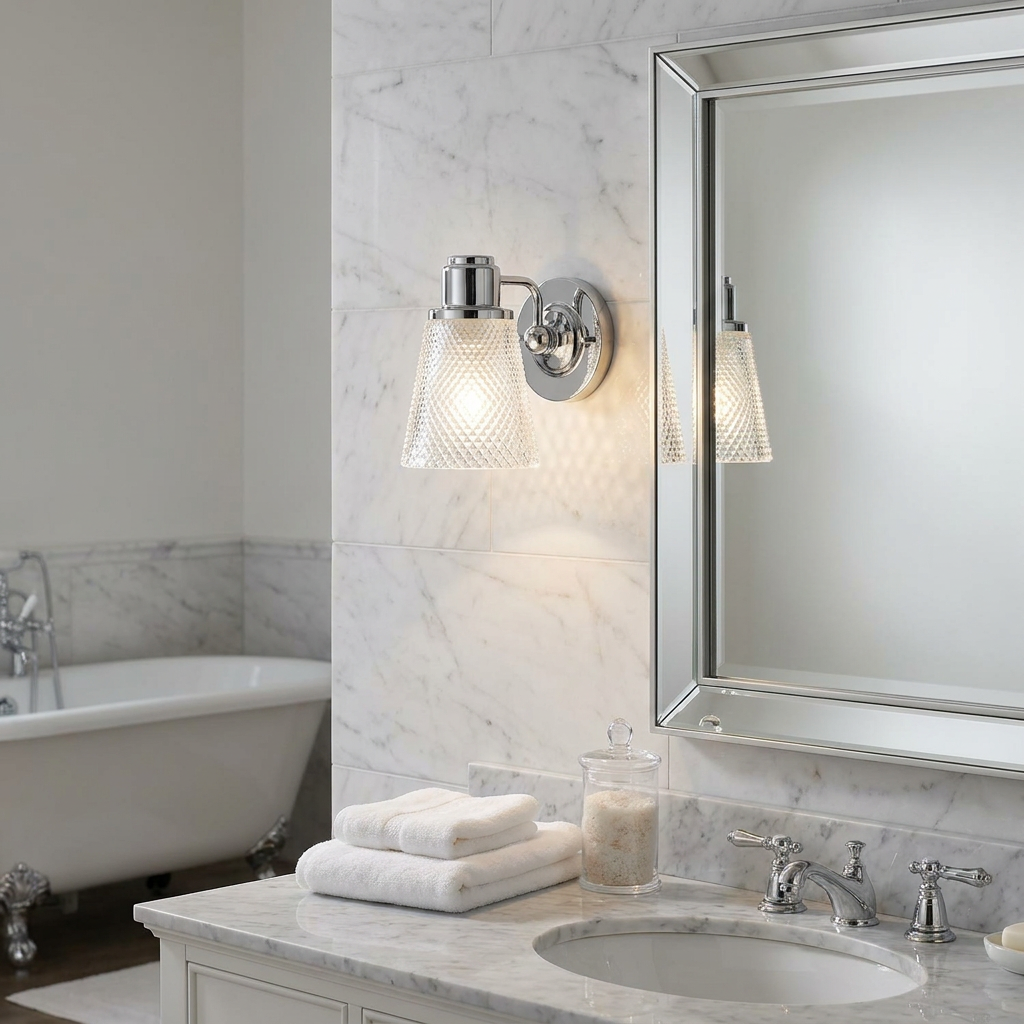 Chrome wall sconce with a textured glass shade glowing in a marble bathroom next to a vanity mirror.