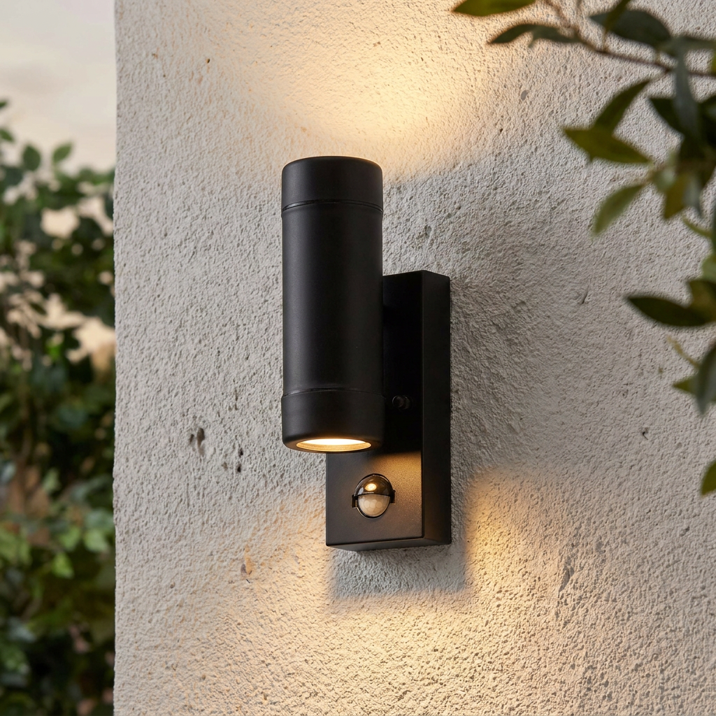 Modern black cylinder wall light with motion sensor, emitting warm upward and downward glow on a textured wall.