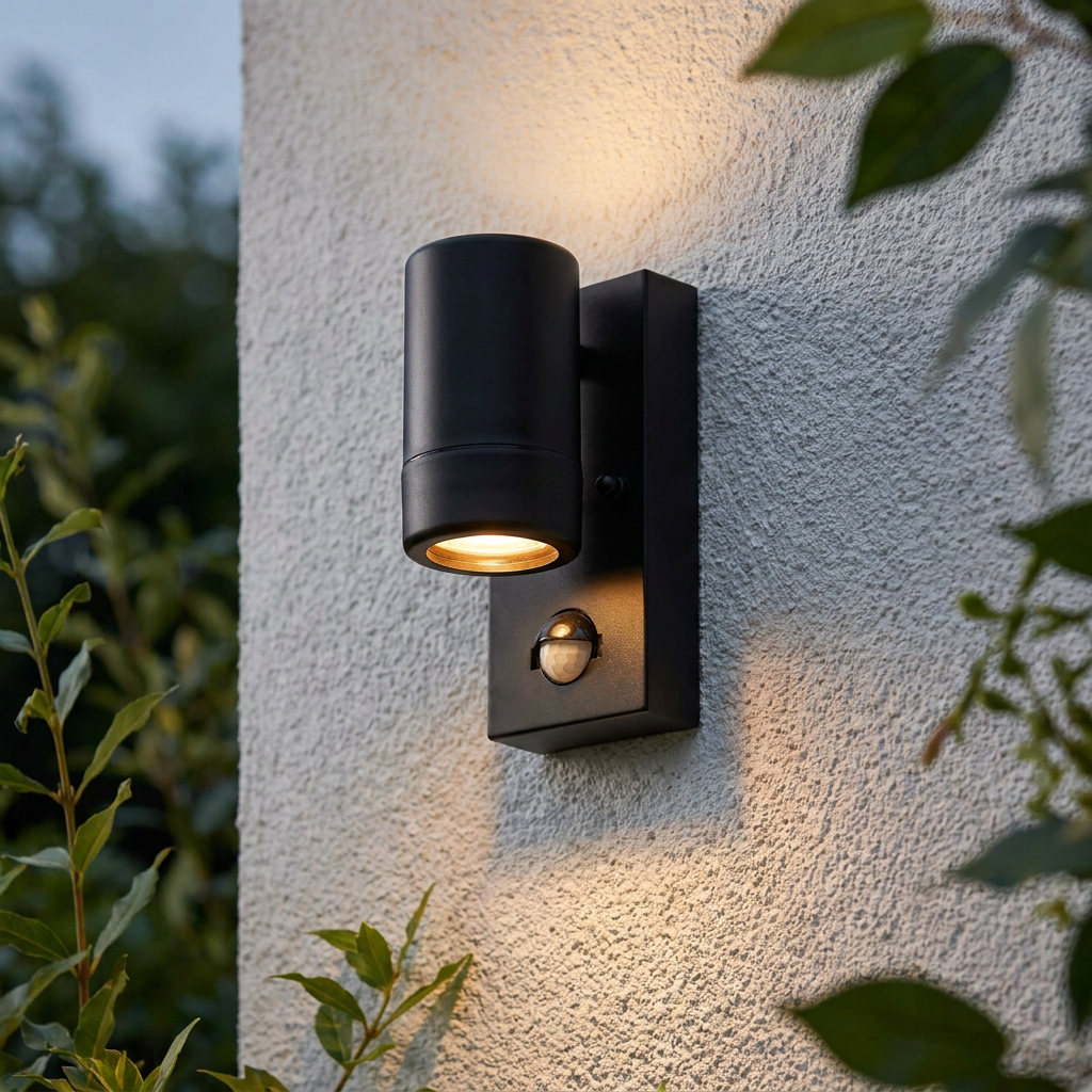 Modern black cylindrical wall light with a PIR sensor, glowing warmly on a textured white exterior wall.