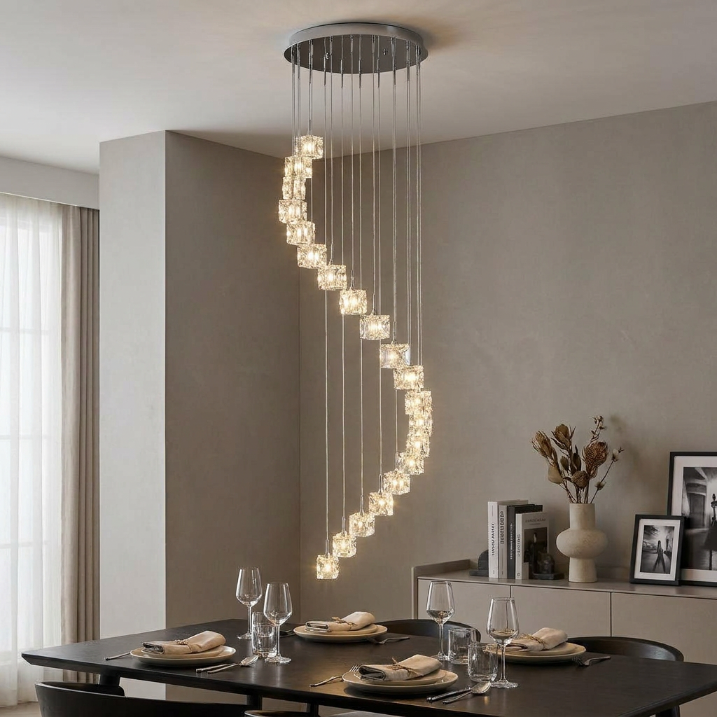 Modern spiral ice cube 20-light LED multi-drop pendant chandelier hanging above a set dining table.