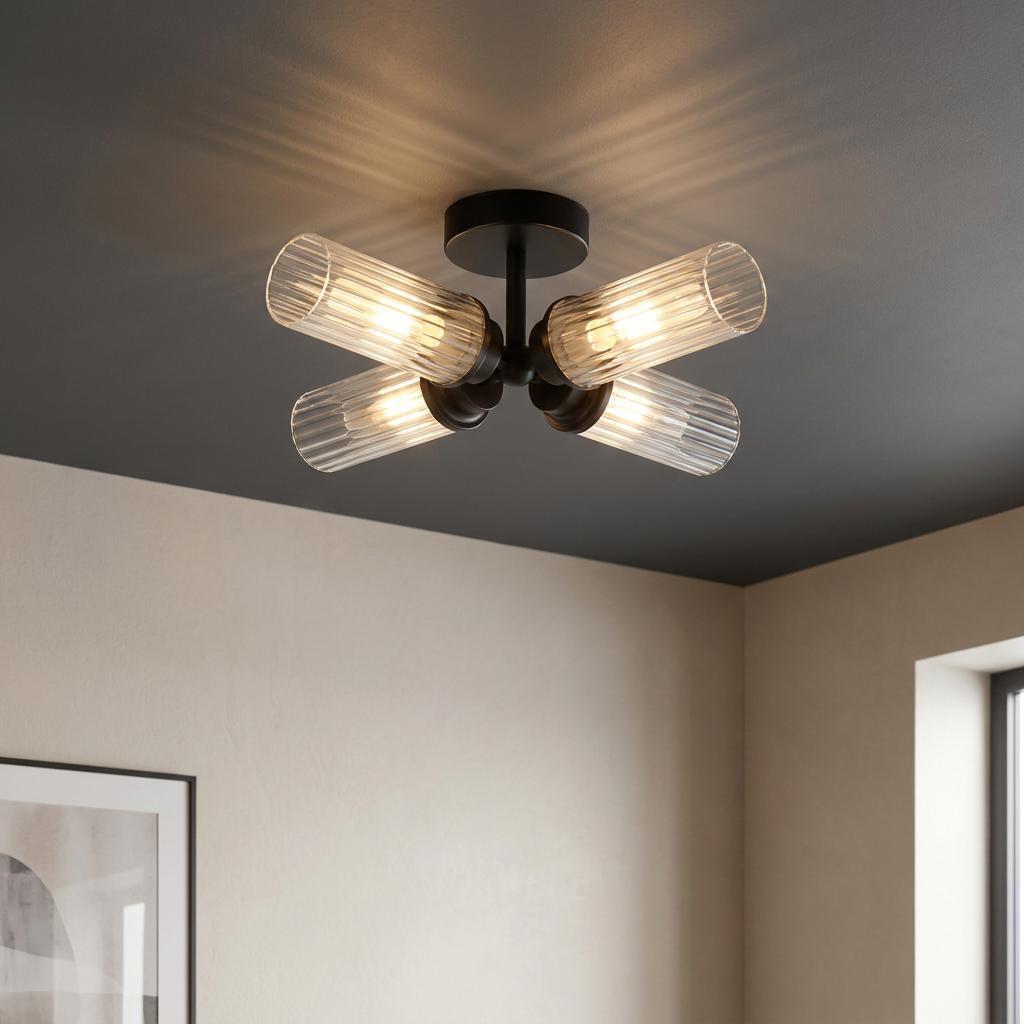 A modern black flush mount ceiling light with four clear ribbed glass cylindrical shades casting light onto a grey ceiling.