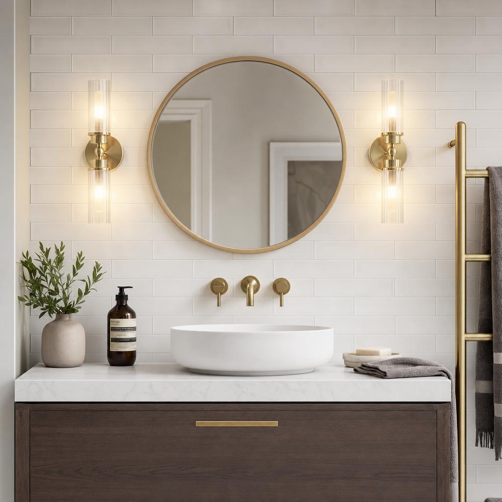 Satin brass wall lights with fluted glass tubes beside a round mirror above a white vessel sink in a tiled bathroom.