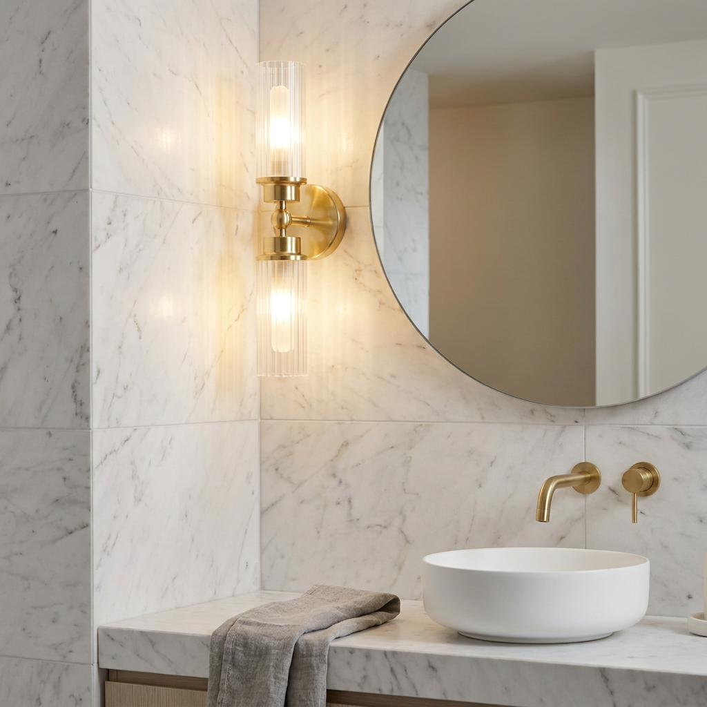 Satin brass dual wall light with fluted glass shades mounted on a white marble bathroom wall beside a round mirror.