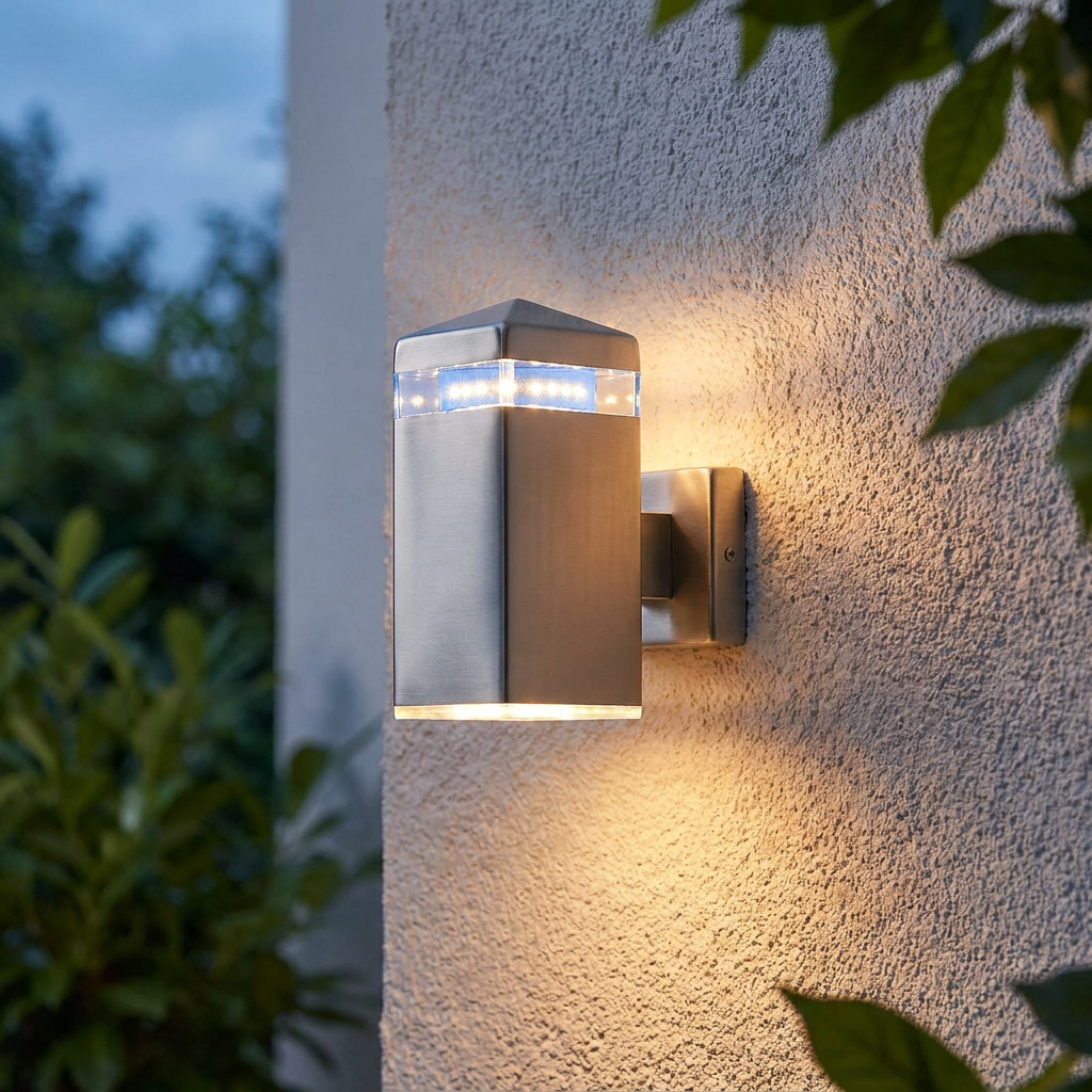 Square stainless steel LED outdoor wall light on a textured wall, emitting warm downlight and cool blue accent light.