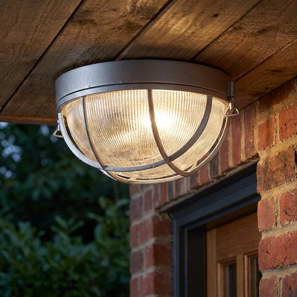 Industrial silver bulkhead ceiling light with ribbed glass and a metal cage mounted on a wooden porch ceiling.
