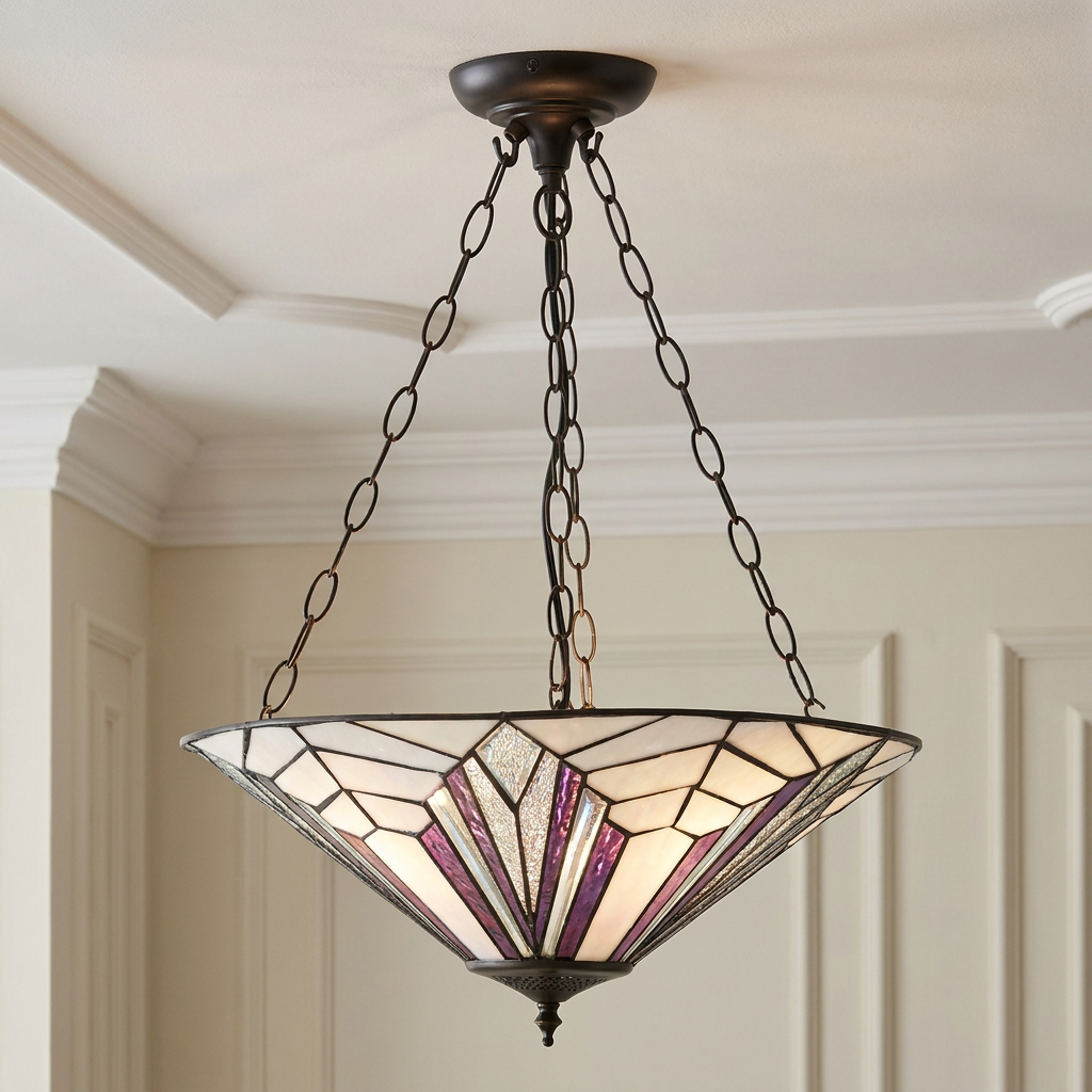 Inverted Tiffany ceiling light with an Art Deco purple and white glass pattern suspended by black chains.