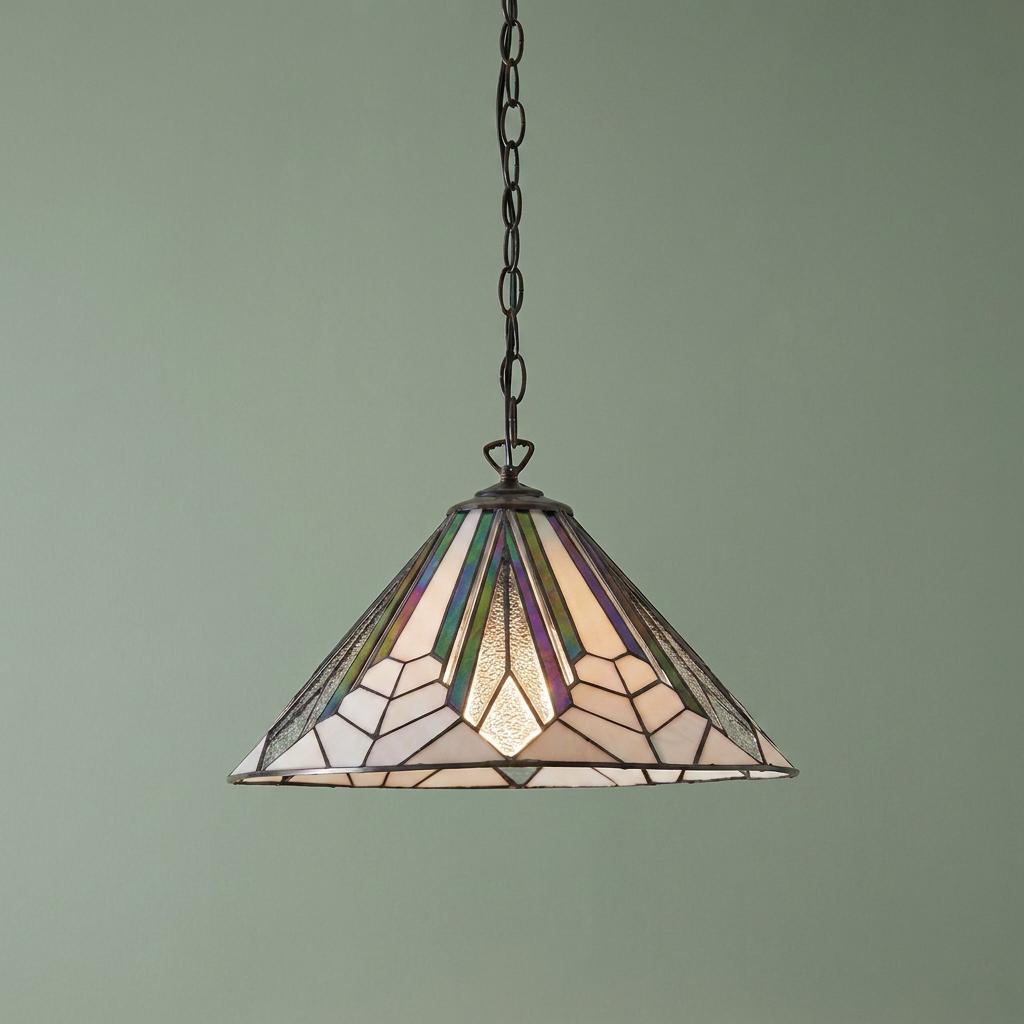 Art Deco Tiffany ceiling pendant with a geometric stained glass shade in white and iridescent tones.