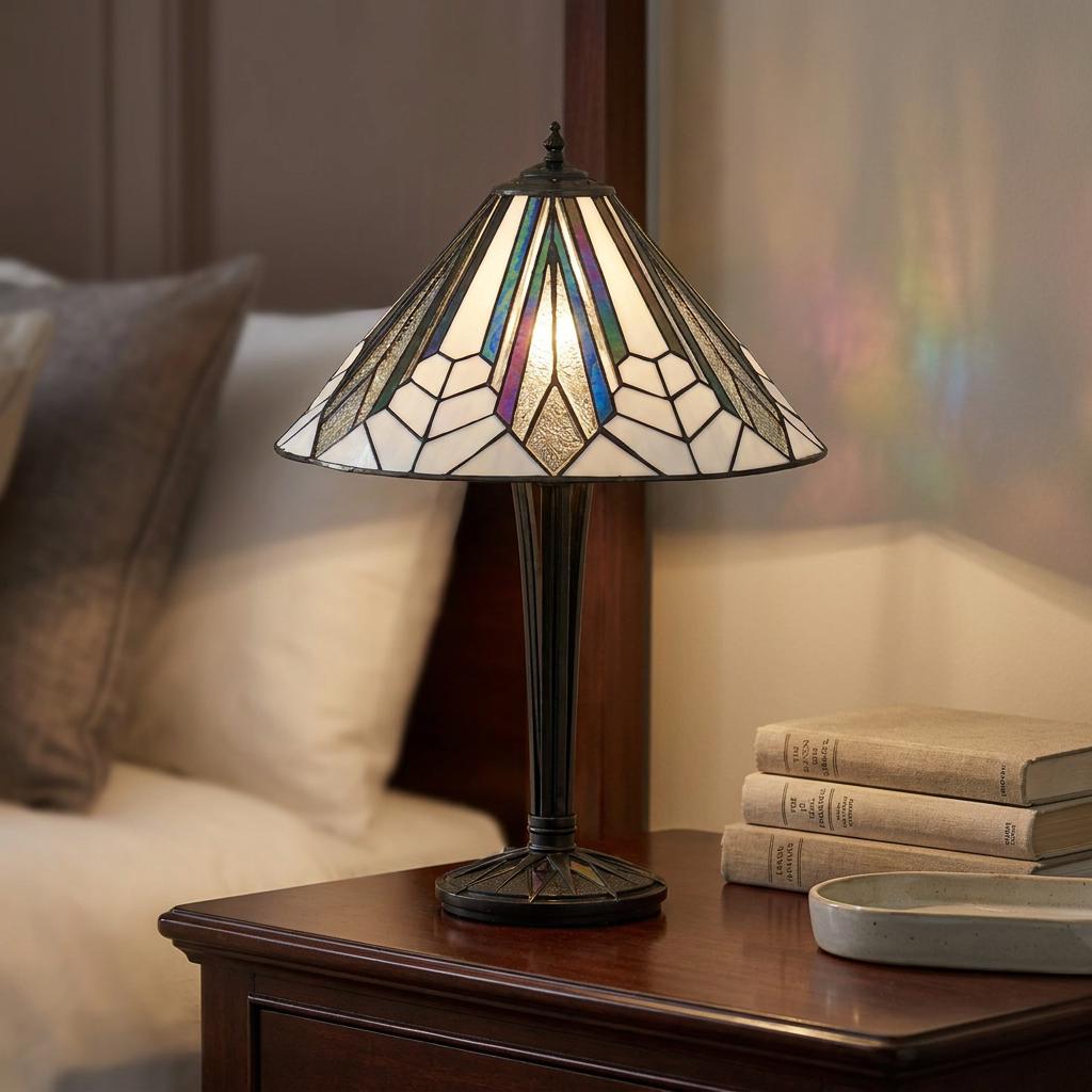 Art Deco Tiffany table lamp with a geometric glass shade on a wooden nightstand beside a bed.