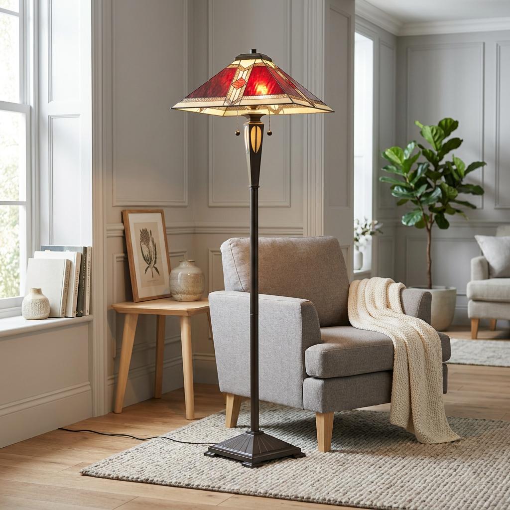 Aztec Tiffany floor lamp with red geometric glass shade beside a grey armchair in a contemporary living room.