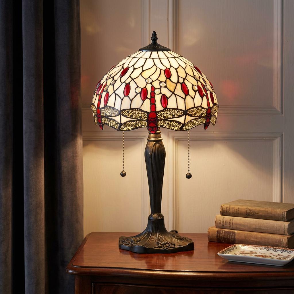 Illuminated Tiffany table lamp with beige dragonfly glass shade on a dark wooden table next to antique books.