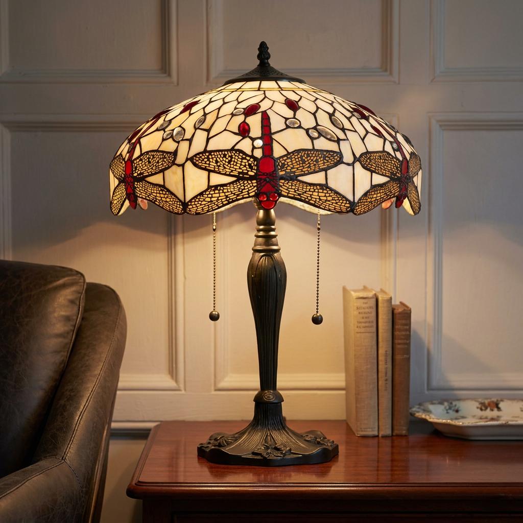 Beige dragonfly Tiffany table lamp with red accents and twin pull cords on a wooden table next to books.