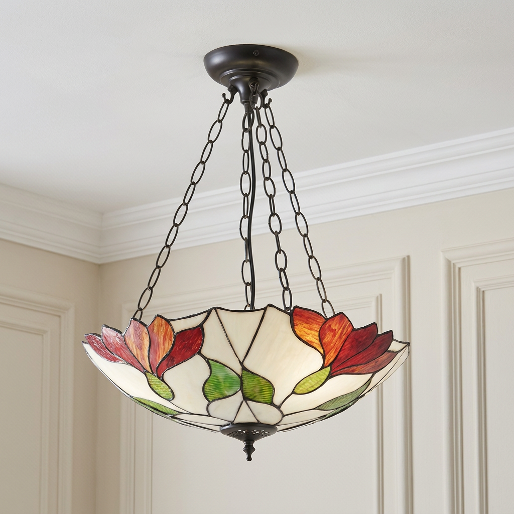 Interiors 1900 Botanica inverted Tiffany ceiling light featuring red floral stained glass and dark bronze chains.